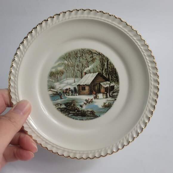 TWO Harker Pottery Currier and Ives Bread Plates Wilderness Feeding the Chickens - Picture 2 of 14